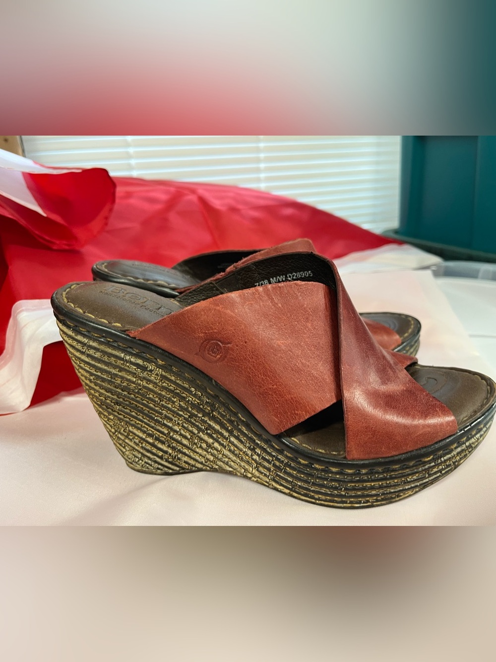 Born Red-Brown Crisscross Leather Wedge Sandals
